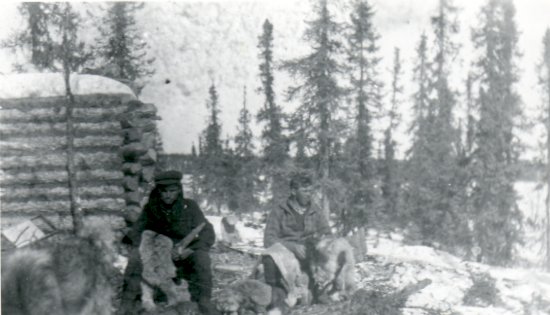 Trappers preparing fur pelts