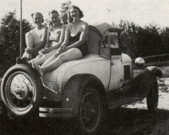 Betty Snell, Hazel Over and Eva Mellin on the Over's car - 1932.