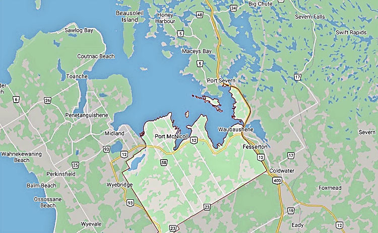 Port McNicoll within Tay Township and south-eastern Georgian Bay.