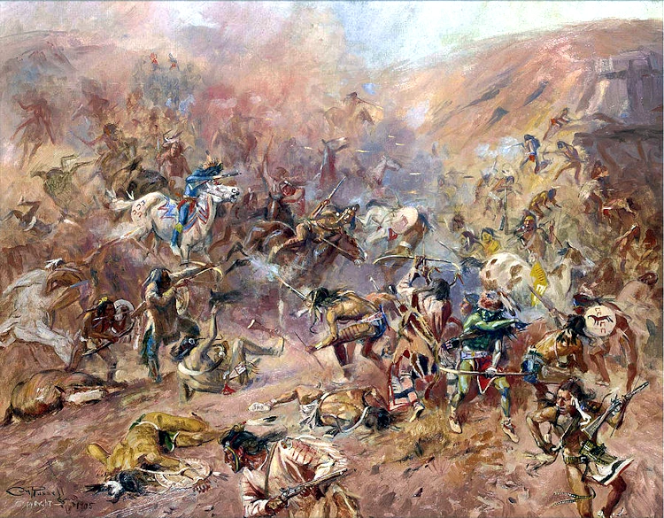 Battle of Belly River between Cree and Blackfeet Indians.