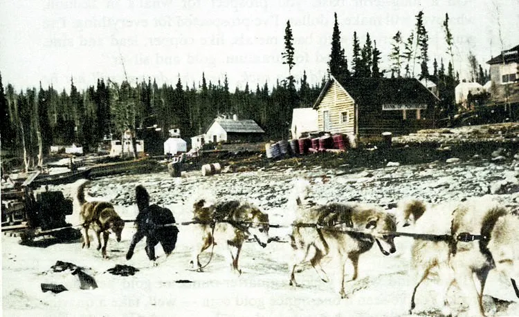 Dogteam at work with ice still in the bay, Goldfields, July 10, 1937.