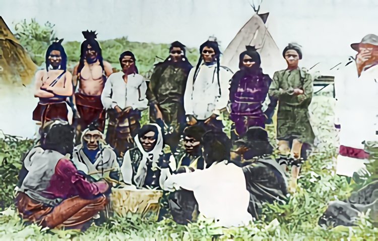 Cree Indian drummers and dancers near Moosomin, 17 June 1889.