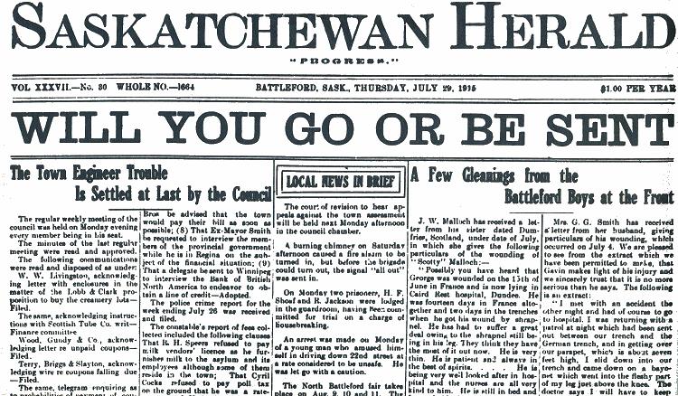Will You go or Be Sent, Saskatchewan Herald, 19 August 1915.